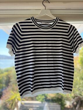 Mango Black and White Striped Crew Neck Top